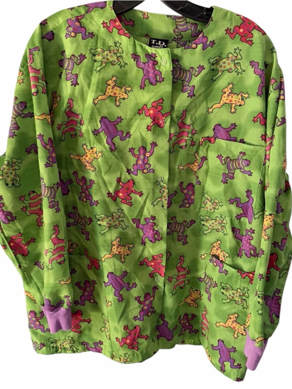 Vintage TD Scrubs Long Sleeve Snap Button Up Shirt Size Medium Color Frog Print